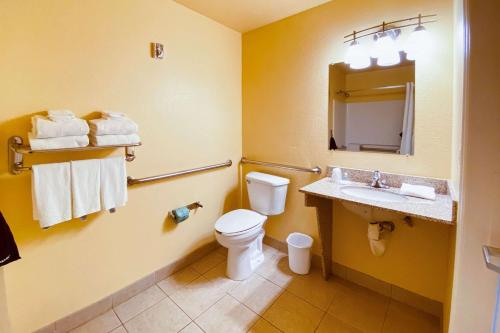 a bathroom with a toilet and a sink and a mirror at Suburban Studios Fort Myers Cape Coral in Fort Myers