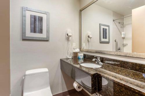 a bathroom with a sink and a toilet and a mirror at Comfort Inn Manhattan - Midtown West in New York