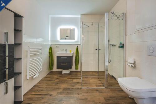 a bathroom with a shower and a toilet and a sink at An der Haffküste Meerzeit in Zirchow