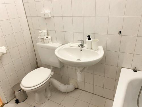 a white bathroom with a toilet and a sink at Cosy flat with TV & WLAN in Halle in Angersdorf