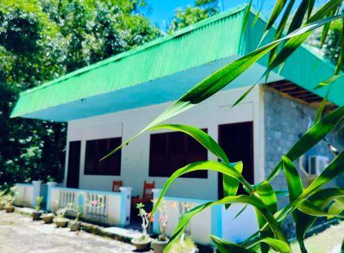 una casa con techo verde y un edificio en MamaRoos Reborn Home Stay, en Rinondoran