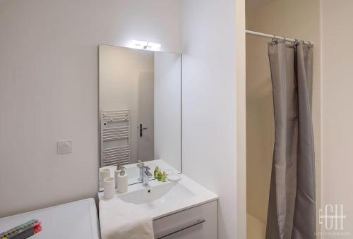 La salle de bains est pourvue d'un lavabo et d'un miroir. dans l'établissement L'ardoise / Proche Centre, à Fondettes