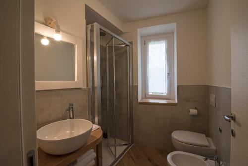 y baño con lavabo, aseo y ducha. en Villa Mariolino, en San Pellegrino Terme