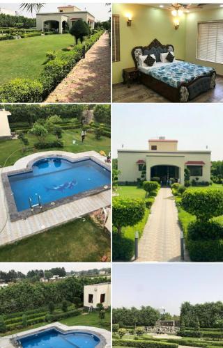 uma colagem de fotos de uma casa e uma piscina em Shashi Farms for pool parties and stays em Gurgaon