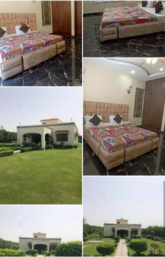 a collage of four pictures of a bed and a house at Shashi Farms for pool parties and stays in Gurgaon