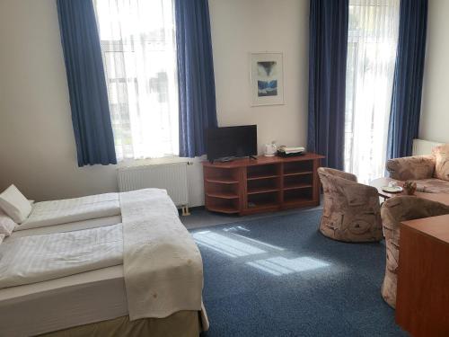 - une chambre avec un lit, une télévision et une chaise dans l'établissement Hotel Margit, à Trenčianske Teplice