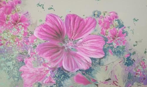 a painting of pink flowers in a vase at Altheas Maisonettes in Xylokastron