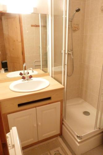 une salle de bain avec un lavabo et une douche dans l'établissement Appartement centre d'Arêches, 4 personnes, 1 chambre - VLI29, à Beaufort
