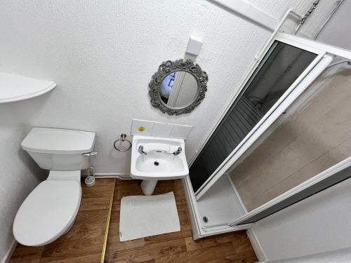 a bathroom with a toilet and a sink and a mirror at Harbour Hotel in Skegness