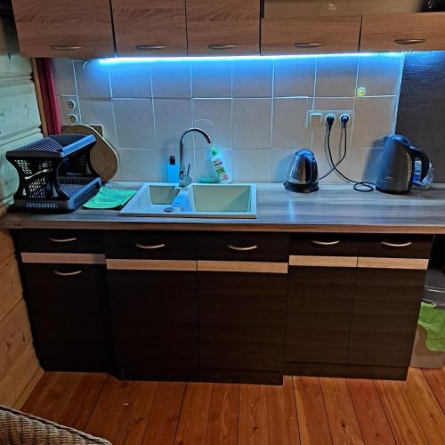 a kitchen counter with a sink and a microwave at Domek wycieczkowy in Mosty