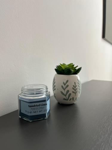 a jar and a plant in a vase on a table at Mapa Holiday Sanremo 25 in Sanremo