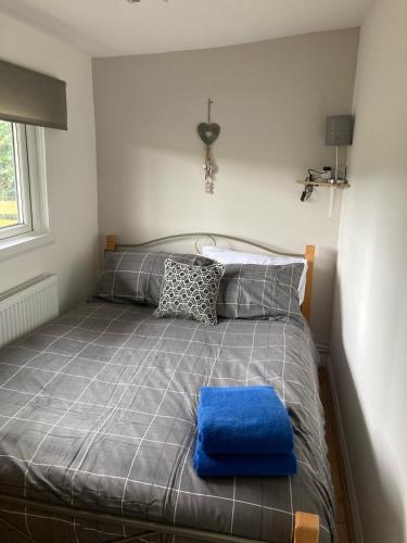 a bedroom with a bed with a blue pillow on it at Waen las Cabin in Denbigh