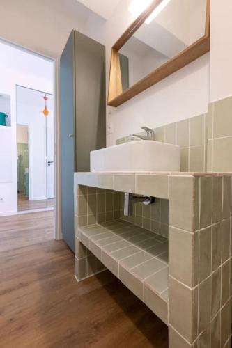 une salle de bain avec un lavabo et un miroir dans l'établissement L2 2P Molière Balcons/AC/Wifi/5mins Tram & 10mins Mer, à Nice