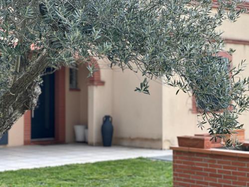 a tree in front of a building with a door at Maison d'hôtes chic à Beauzelle in Beauzelle