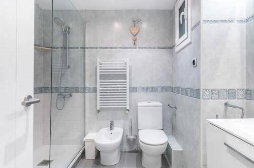 La salle de bains est pourvue de toilettes, d'une douche et d'un lavabo. dans l'établissement Appartamento a Cremona con WI-FI, à Crémone