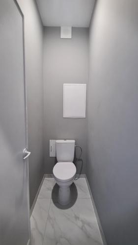 La salle de bains est pourvue de toilettes blanches. dans l'établissement Irina apartament Stefan 64, à Chişinău