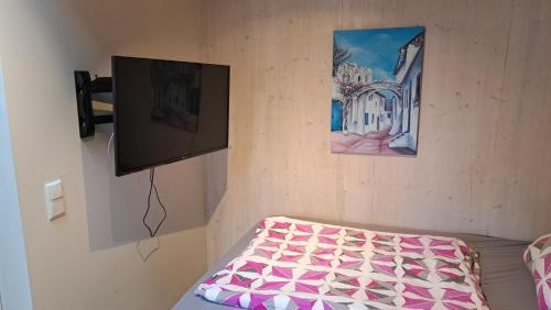 1 dormitorio con 1 cama y TV en la pared en Il Giardino en Ilmmünster
