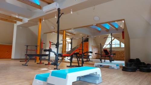 una palestra con attrezzature sportive in una stanza di Windmill Resort Agroturystyka a Mucharz