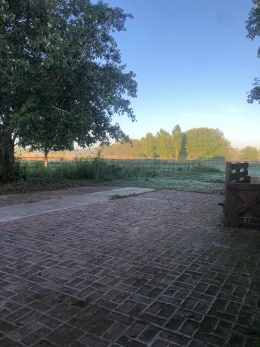 a bench sitting on a brick walkway with a tree at Don Ramón Casa de campo in Villars