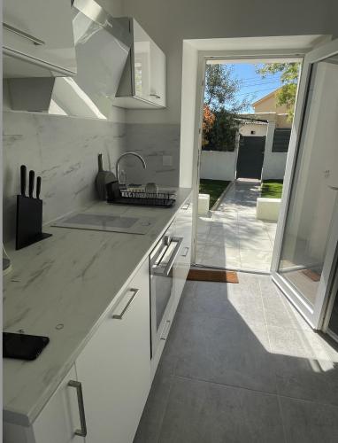 une cuisine avec un évier et un plan de travail dans l'établissement Petite Maison à la Loubiere avec jardin, clim et parking, à Toulon