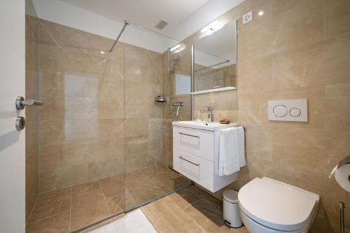 ein Bad mit einem WC, einem Waschbecken und einer Dusche in der Unterkunft aestate living lakeview in Horgen Zürich Zug Pfäffikon in Horgen