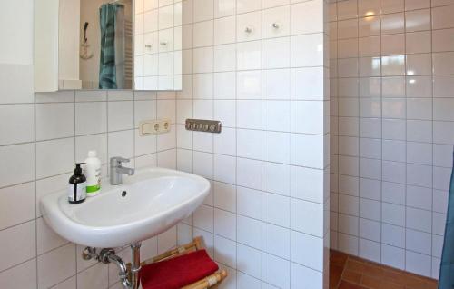 een witte badkamer met een wastafel en een spiegel bij Amazing Apartment In Rbel-mritz With Kitchen in Röbel