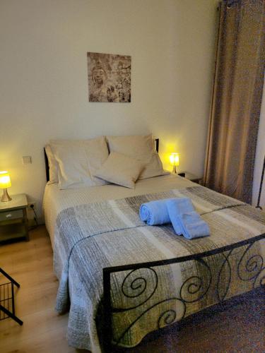 une chambre avec un lit avec deux serviettes dessus dans l'établissement T2 classé 3 étoiles - au calme proche centre ville - idéal curistes et vacanciers, à Cambo-les-Bains