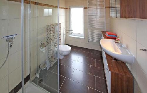 a bathroom with a sink and a toilet and a shower at Stunning Home In Funkenhagen With Sauna in Funkenhagen
