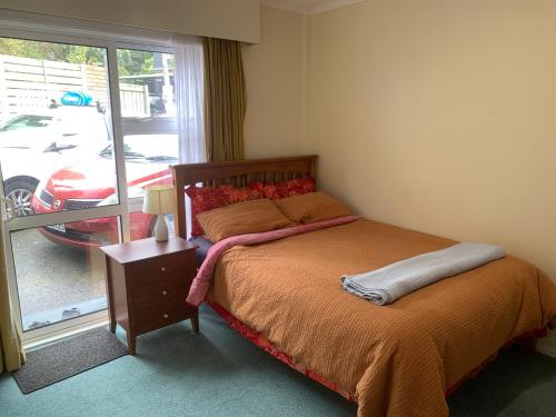 ein Schlafzimmer mit einem Bett neben einem Fenster in der Unterkunft Sunny holiday home Wellington in Wellington