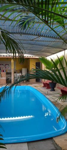 a blue swimming pool in a yard with a palm tree at Hostel Horizonte Ceará in Horizonte