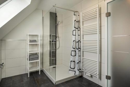 a bathroom with a shower and a glass door at 5 Sterne Ferienwohnung Boddenblick in Glowe