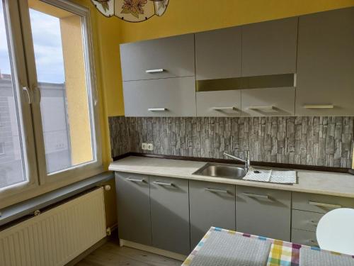 una cucina con armadi grigi, un lavandino e una finestra di mieszkanie Tarnowskie Góry obok sądu a Tarnowskie Góry
