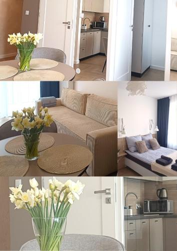 kolaż zdjęć salonu ze stołem z kwiatami w obiekcie NOWY Apartament Bitwy Warszawskiej w Siedlcach