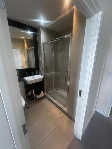 a bathroom with a shower and a sink at 2bed flat with the Balcony in Hoo