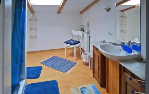 a bathroom with a sink and a mirror and blue rugs at Stunning Apartment In Rheinsberg Ot Linow With Kitchen in Linow