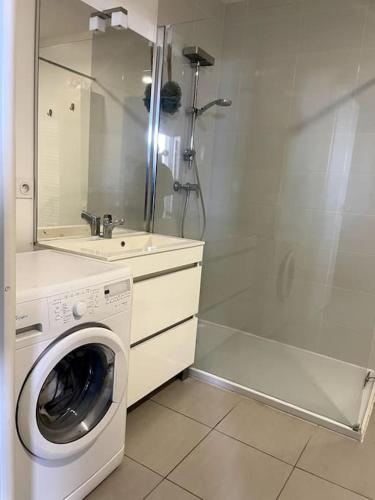 une salle de bain avec une machine à laver et un lavabo dans l'établissement Appartement T2, à Montpellier