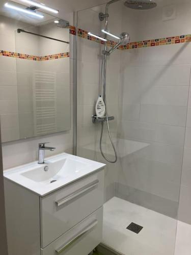 une salle de bain blanche avec un lavabo et une douche dans l'établissement Les Pieds dans l'Eau, à Donville-les-Bains