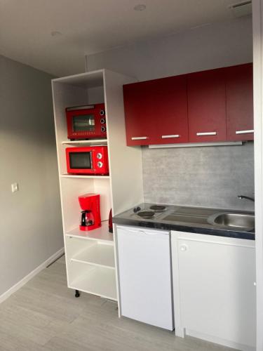 une petite cuisine avec des armoires rouges et un évier dans l'établissement studio indépendant 800 m de la gare du Mans, au Mans