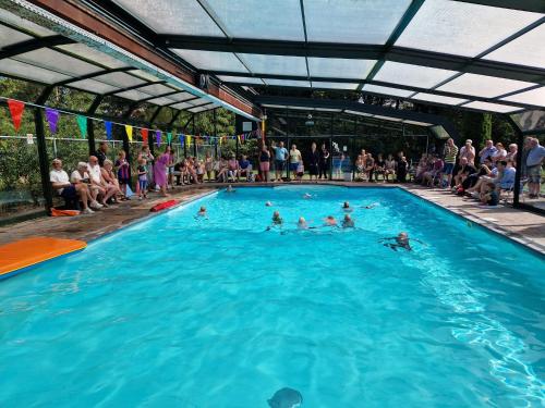 a group of people swimming in a swimming pool at Geniet van het leven.. in De boomklever in Diffelen