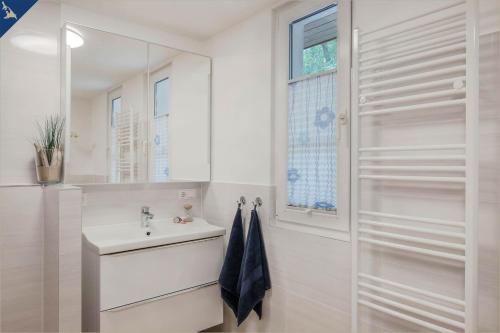 a white bathroom with a sink and a mirror at Waldsiedlung Waldhaus App 2.2 in Korswandt