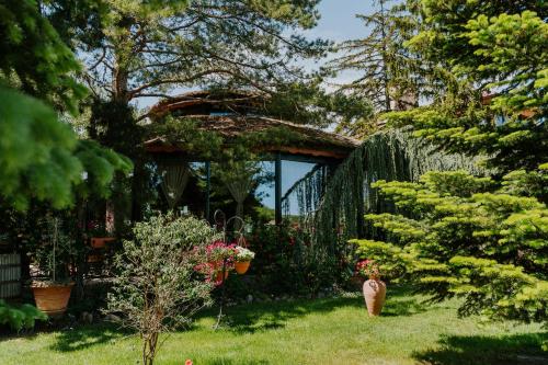 un jardín con plantas y flores en un patio en Bed and Breakfast Kovačević en Irig