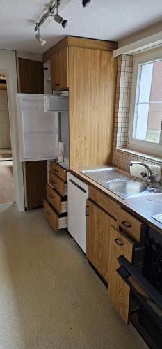 a kitchen with wooden cabinets and a sink and a window at Garden Eden in Freienbach