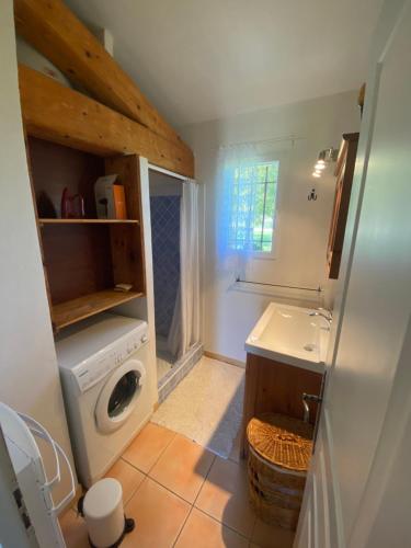 een badkamer met een wasmachine en een wastafel bij Le Logis, charmant gîte provençal in Ampus