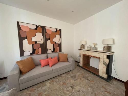 un salon avec un canapé et une cheminée dans l'établissement t 3 place du village a 100 m du port de plaisance, à Saint-Florent