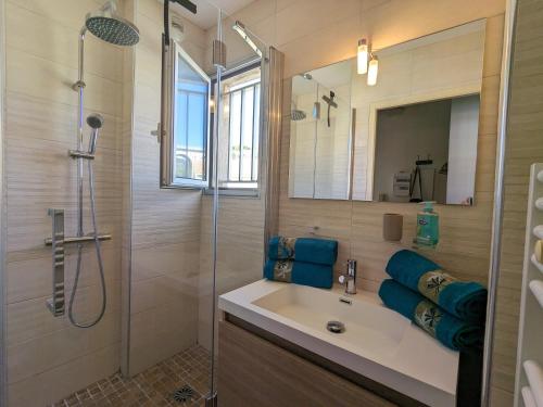 uma casa de banho com um lavatório e um chuveiro em "Le palmier doré", cosy T3 front de mer em Sanary-sur-Mer