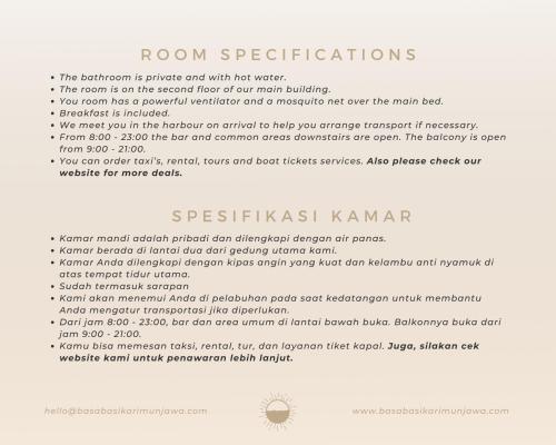 a page of a document detailing room specifications at Basa-basi Lodge in Karimunjawa