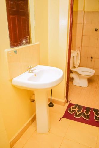 La salle de bains est pourvue d'un lavabo blanc et de toilettes. dans l'établissement KIsumu Cozy One bedroom Apartment, à Kisumu
