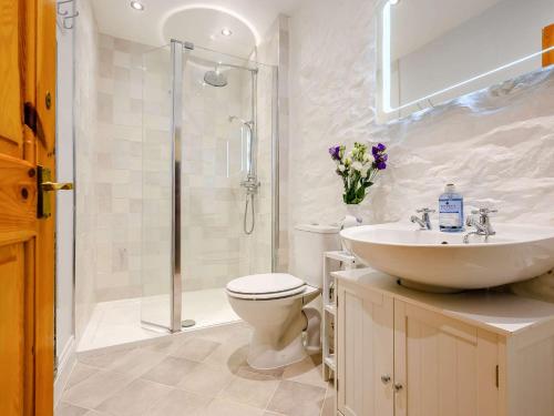 La salle de bains est pourvue d'un lavabo, de toilettes et d'une douche. dans l'établissement 3 Bed in Watermillock SZ318, à Watermillock