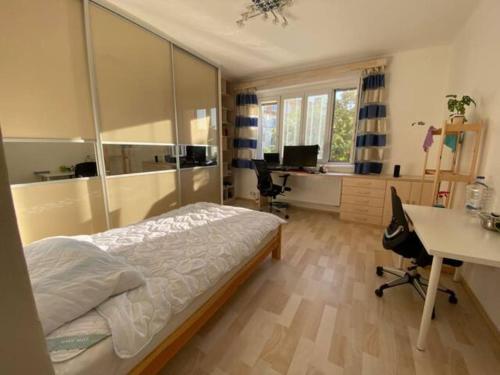 Schlafzimmer mit einem Bett, einem Schreibtisch und einem Computer in der Unterkunft Spacious modern 3 bedroom aparment in Prag