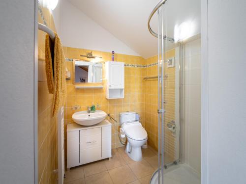 W łazience znajduje się toaleta, umywalka i prysznic. w obiekcie Ubytovanie Clematis w Trenczyńskich Cieplicach